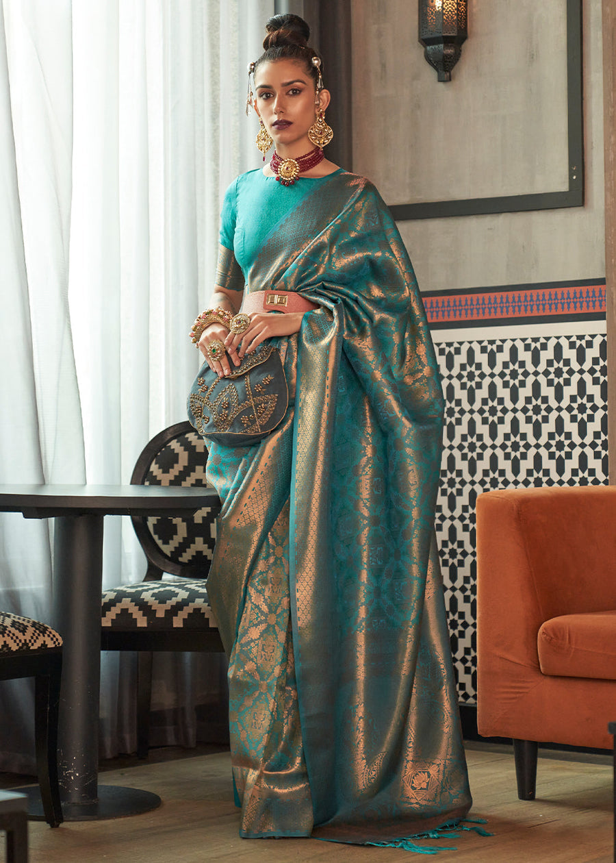Turquoise Blue Banarasi Silk Zari Weaving Saree