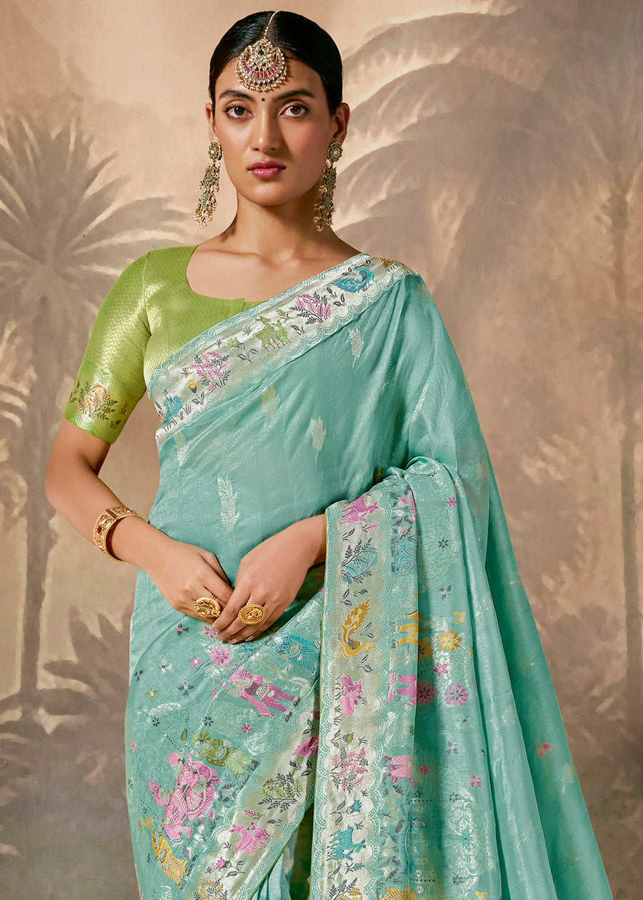 Ocean Blue Banarasi Silk Handloom Saree With Green Blouse