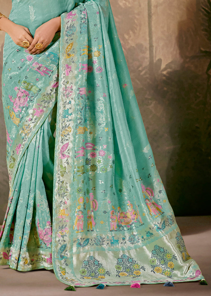 Ocean Blue Banarasi Silk Handloom Saree With Green Blouse