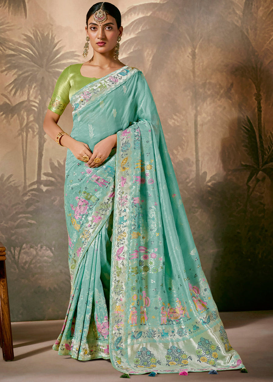 Ocean Blue Banarasi Silk Handloom Saree With Green Blouse