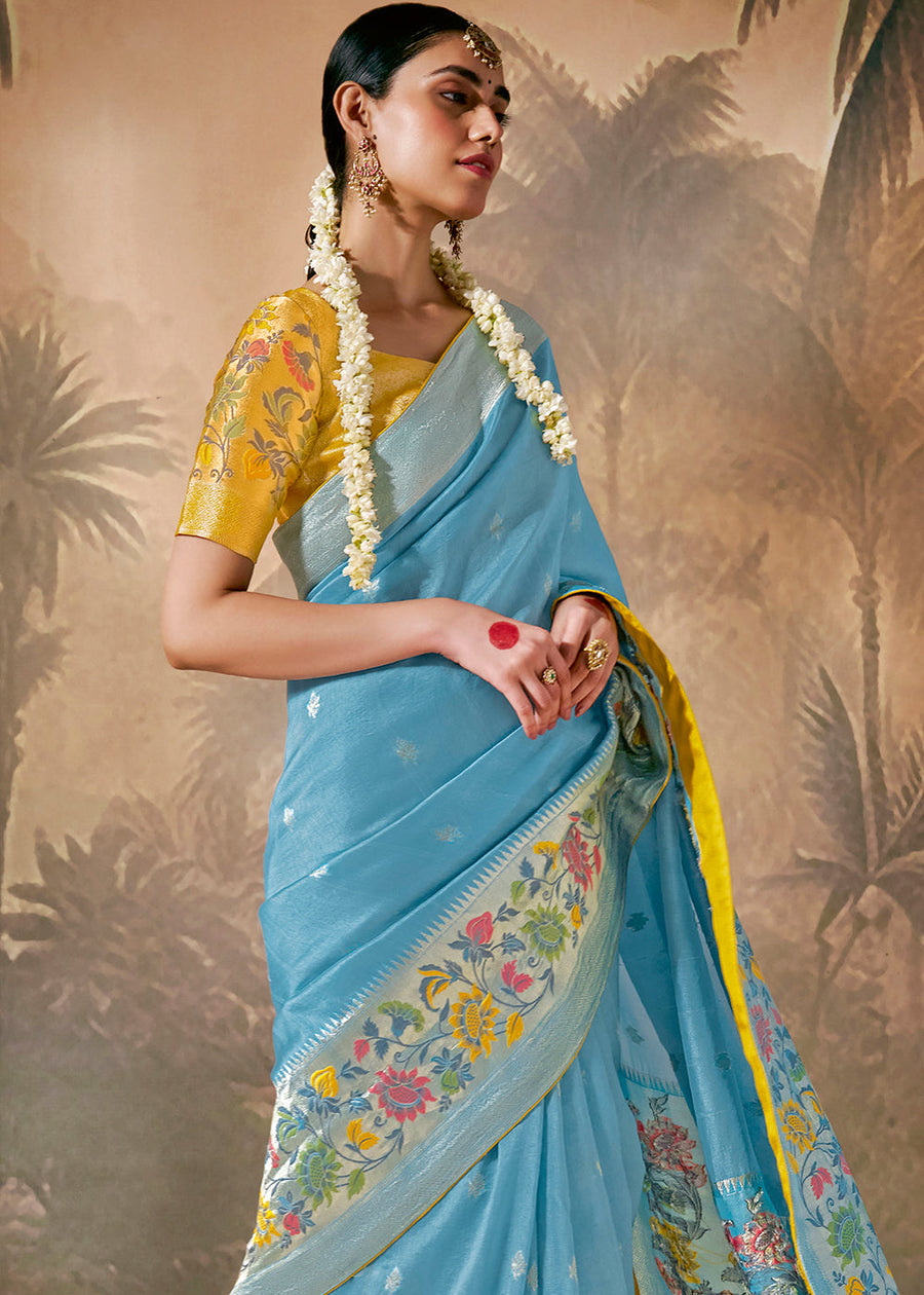 Blue Soft Banarasi Silk Handloom Saree With Yellow Blouse