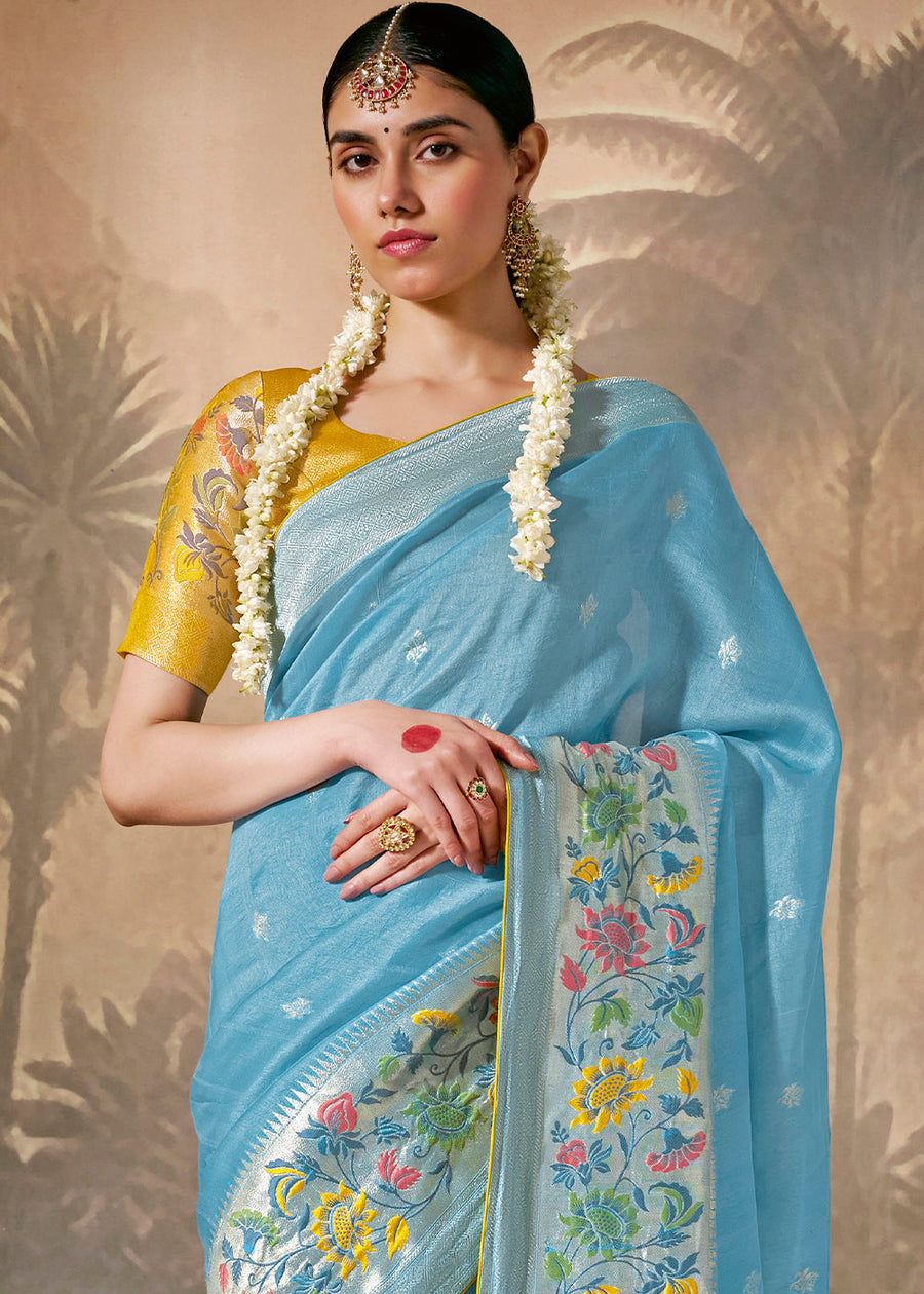 Blue Soft Banarasi Silk Handloom Saree With Yellow Blouse