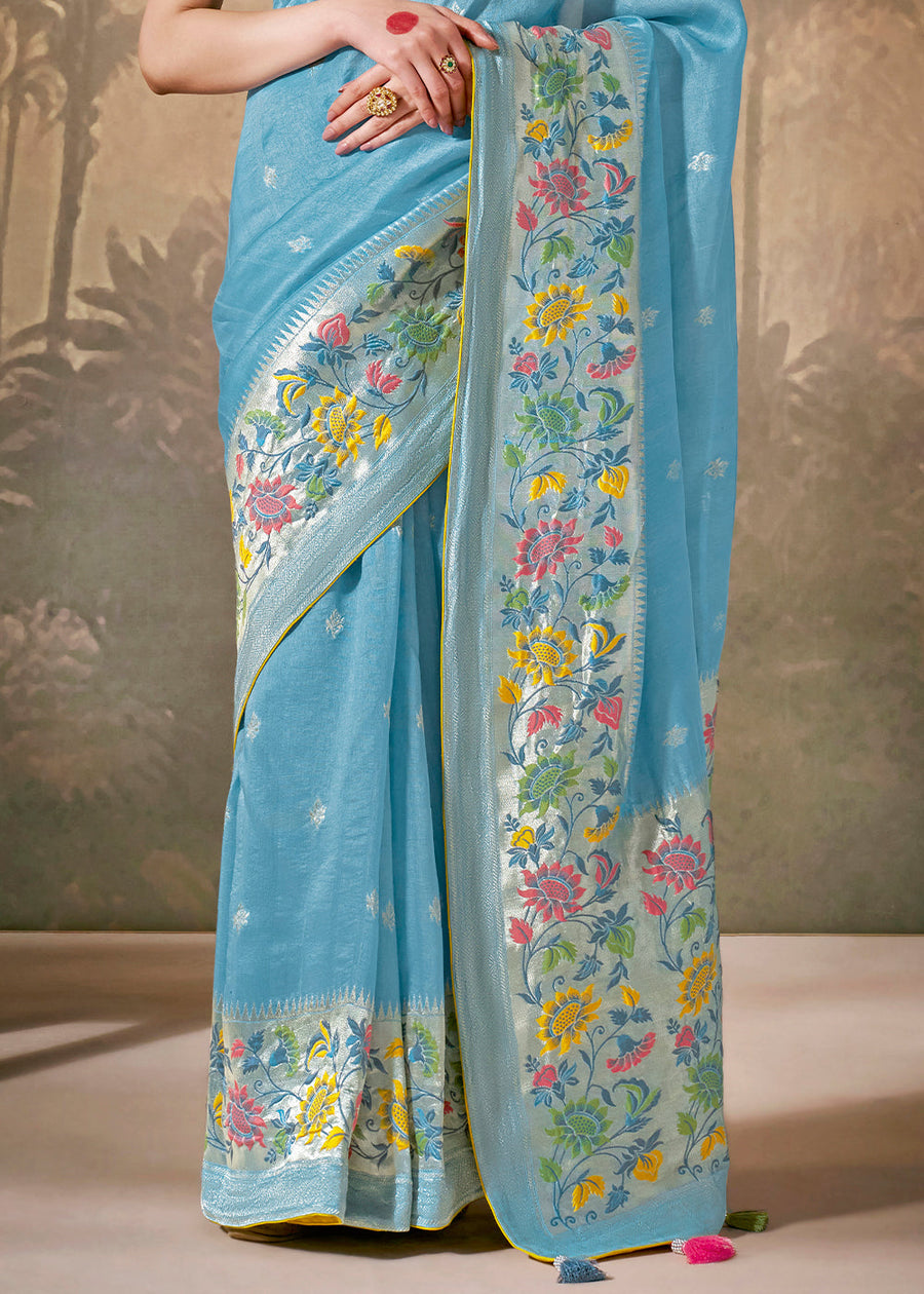 Blue Soft Banarasi Silk Handloom Saree With Yellow Blouse