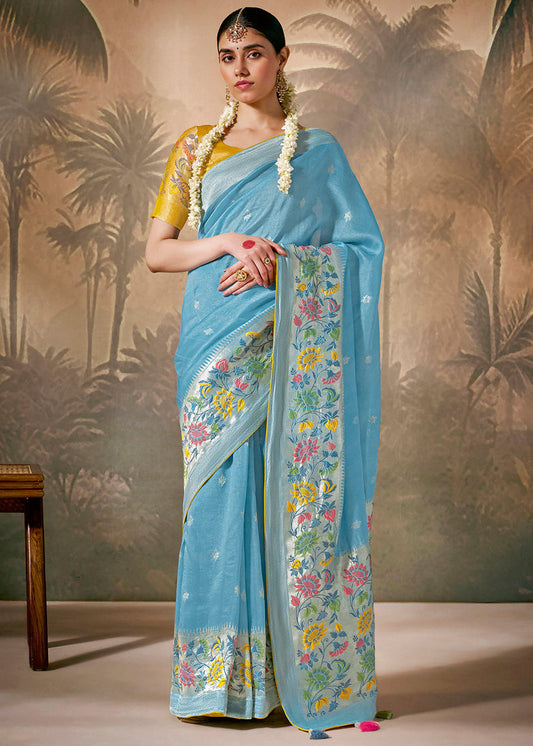 Blue Soft Banarasi Silk Handloom Saree With Yellow Blouse