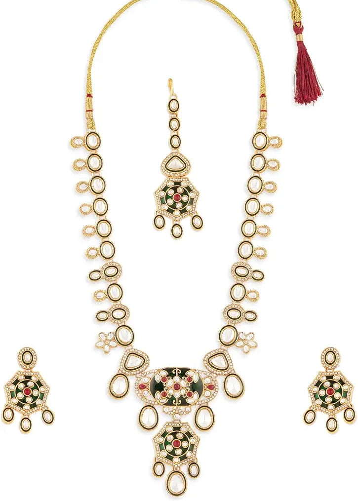 Kundan Bridal Jewellery Long Necklace Set With Earrings & Maang Tikka