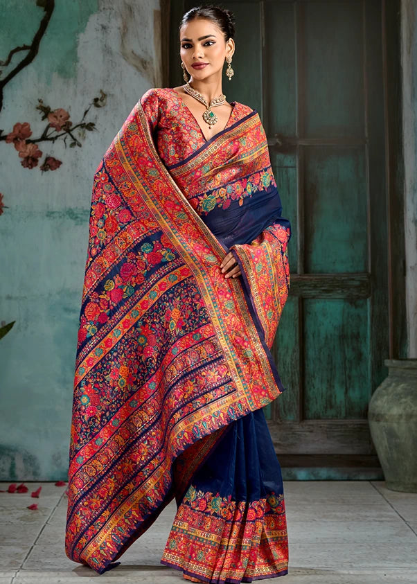 Pure Kashmiri Silk Royal Blue Saree