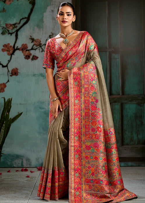 Pure Kashmiri Silk Grey Saree