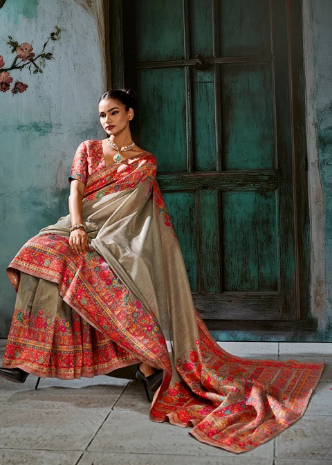 Pure Kashmiri Silk Grey Saree