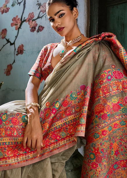 Pure Kashmiri Silk Grey Saree