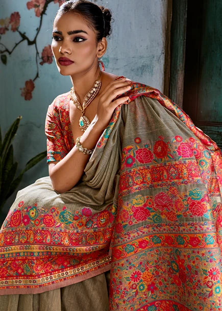Pure Kashmiri Silk Grey Saree