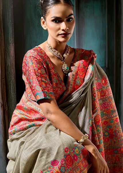 Pure Kashmiri Silk Grey Saree