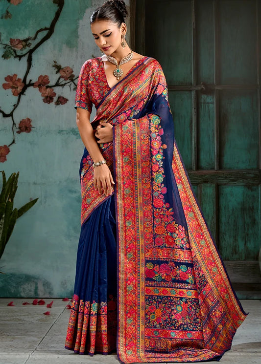 Pure Kashmiri Silk Royal Blue Saree