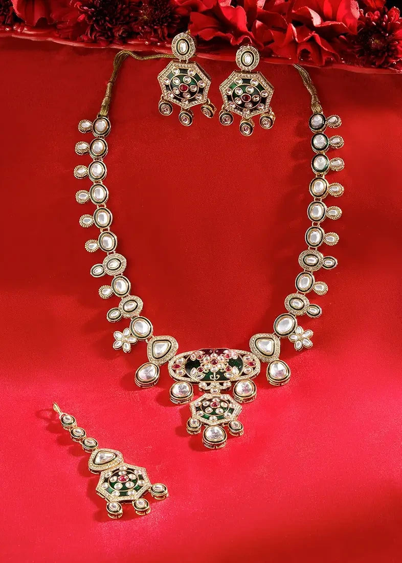 Kundan Bridal Jewellery Long Necklace Set With Earrings & Maang Tikka