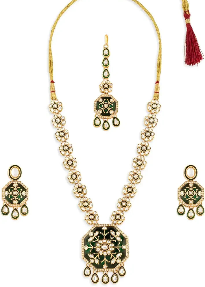 Kundan Bridal Jewellery Long Necklace Set With Earrings & Maang Tikka