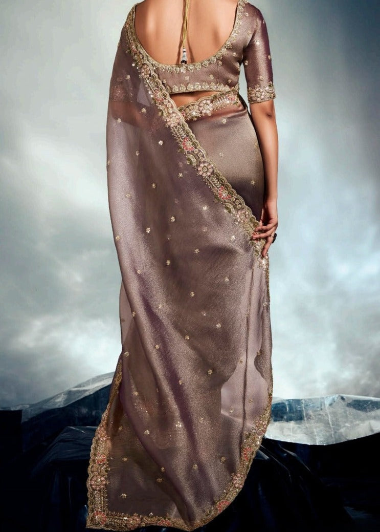 Mud Grey Organza Tissue Silk Hand Embroidered Saree