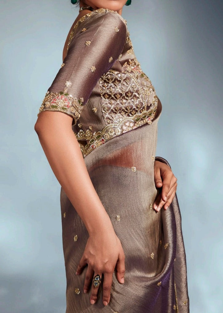 Mud Grey Organza Tissue Silk Hand Embroidered Saree