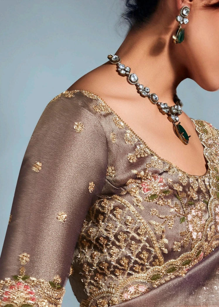 Mud Grey Organza Tissue Silk Hand Embroidered Saree