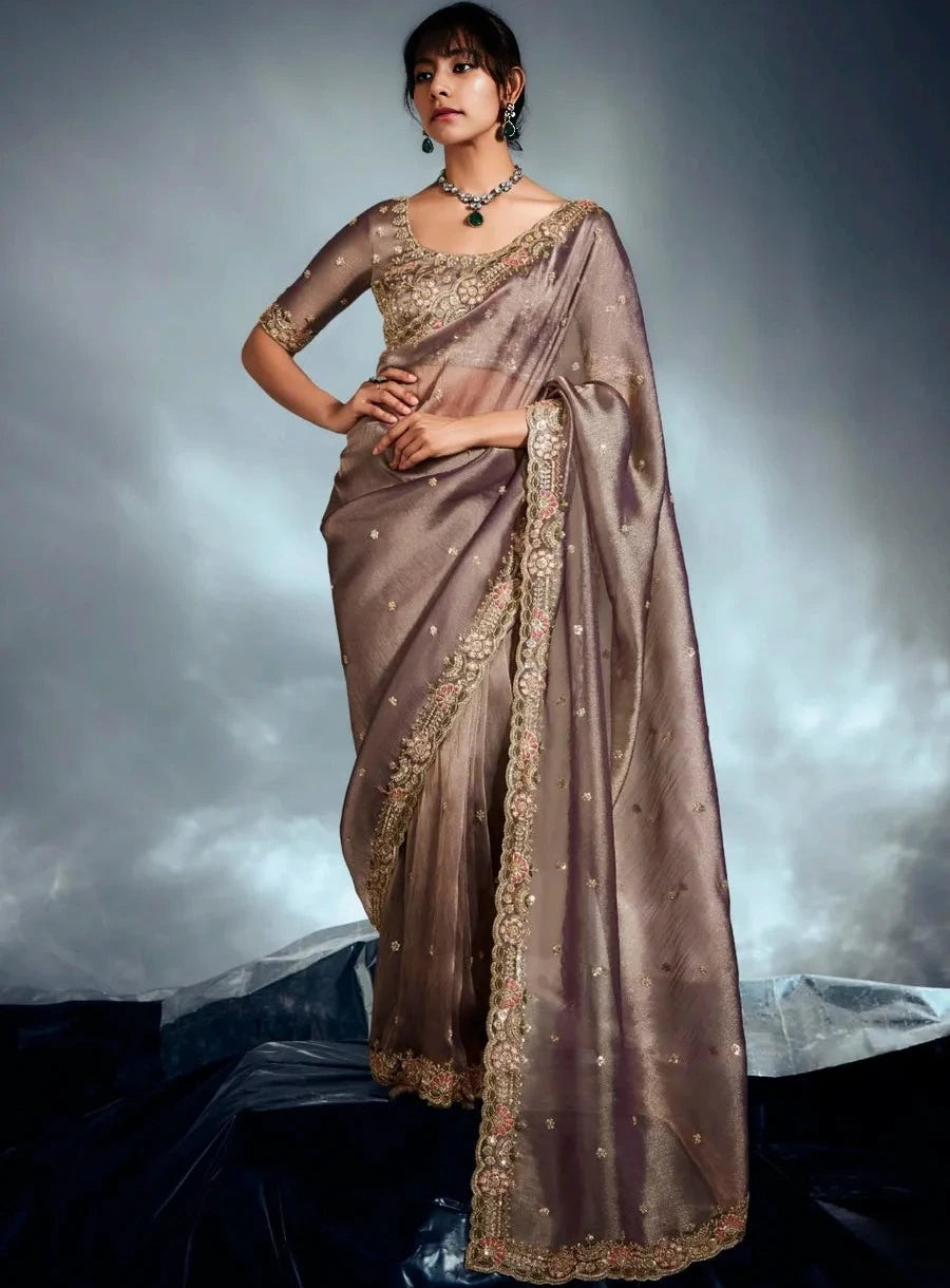 Mud Grey Organza Tissue Silk Hand Embroidered Saree