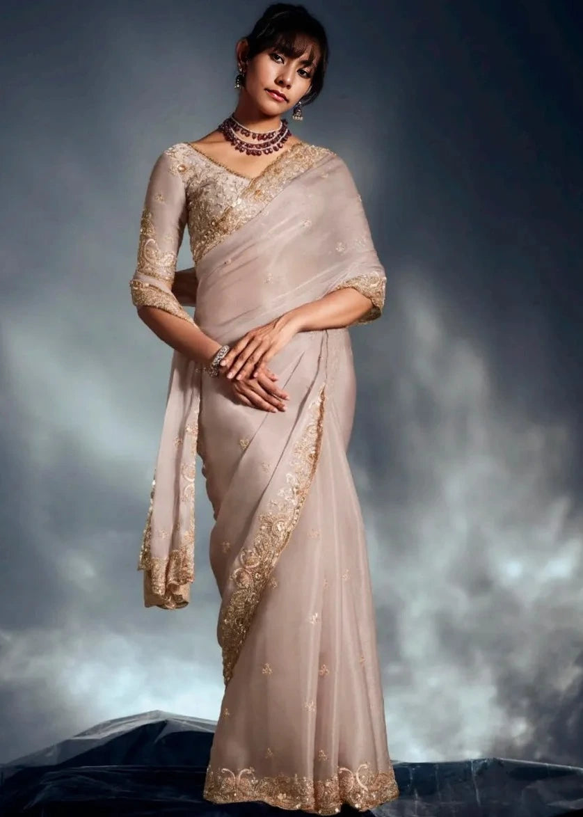 Beige Organza Tissue Silk Hand Embroidered Saree