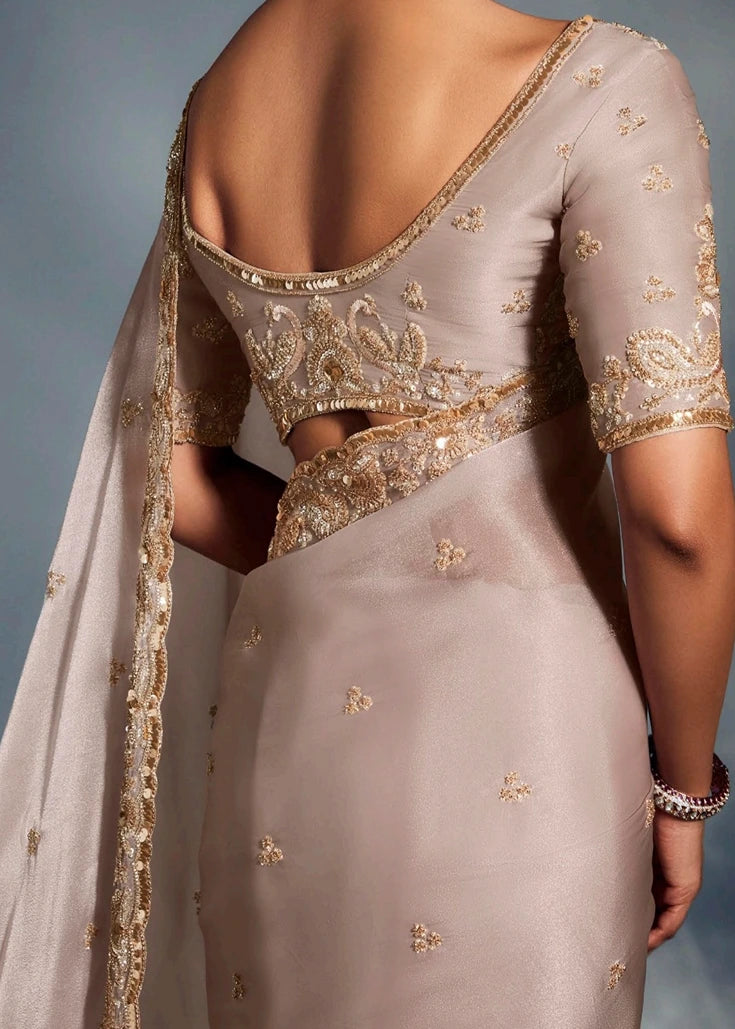 Beige Organza Tissue Silk Hand Embroidered Saree