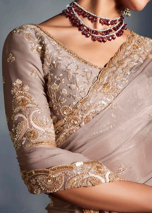 Beige Organza Tissue Silk Hand Embroidered Saree