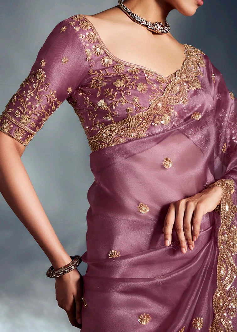 Onion Pink Organza Tissue Silk Hand Embroidered Saree