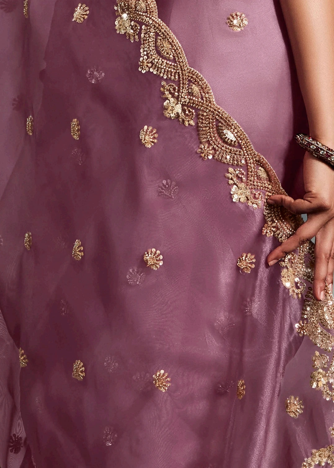 Onion Pink Organza Tissue Silk Hand Embroidered Saree