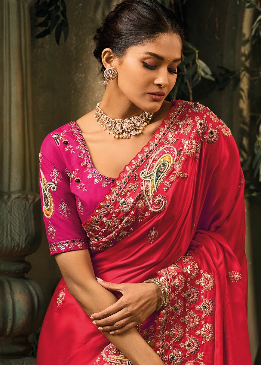 Red and Rani Pink Banarasi Gajji Silk Hand Embroidered Saree