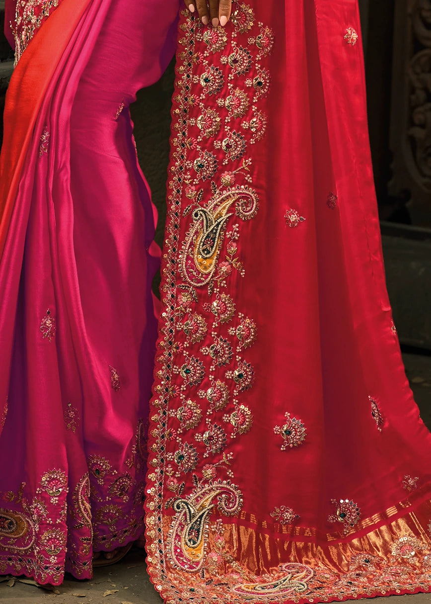 Red and Rani Pink Banarasi Gajji Silk Hand Embroidered Saree