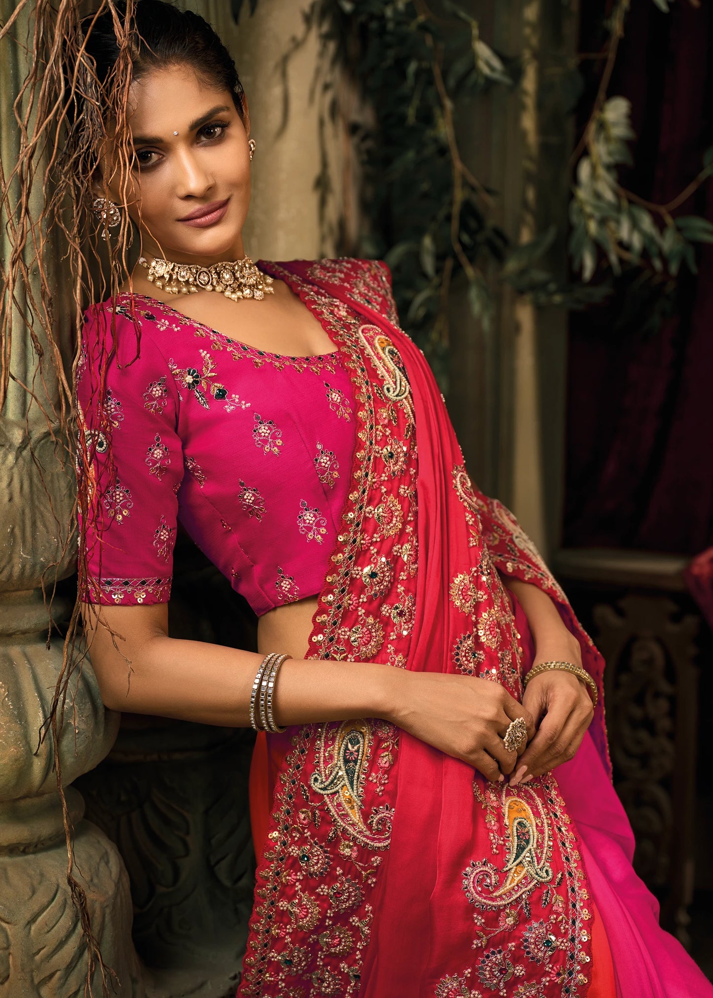 Red and Rani Pink Banarasi Gajji Silk Hand Embroidered Saree