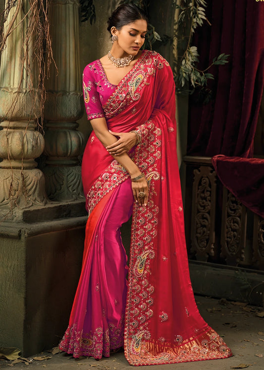 Red and Rani Pink Banarasi Gajji Silk Hand Embroidered Saree