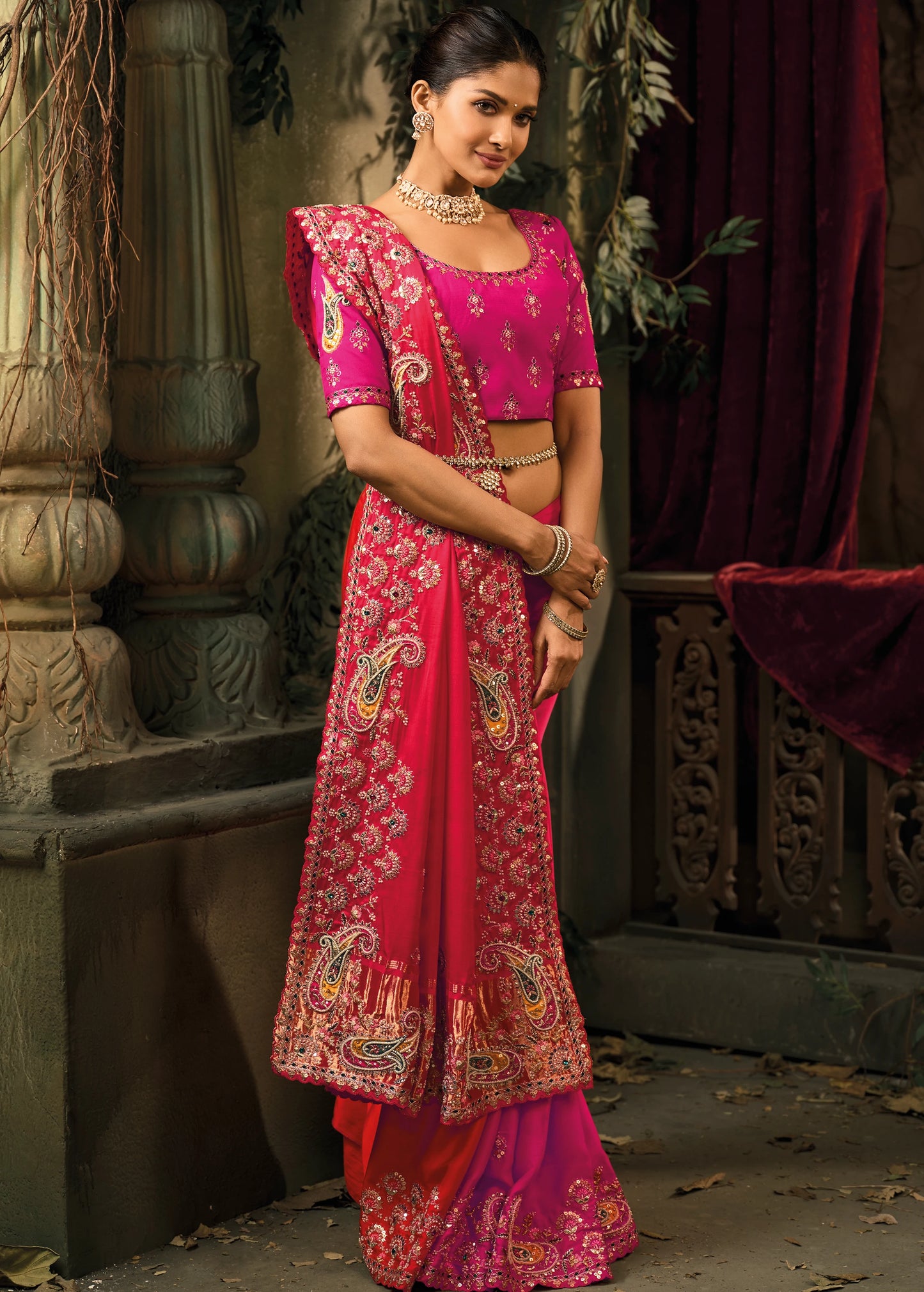 Red and Rani Pink Banarasi Gajji Silk Hand Embroidered Saree