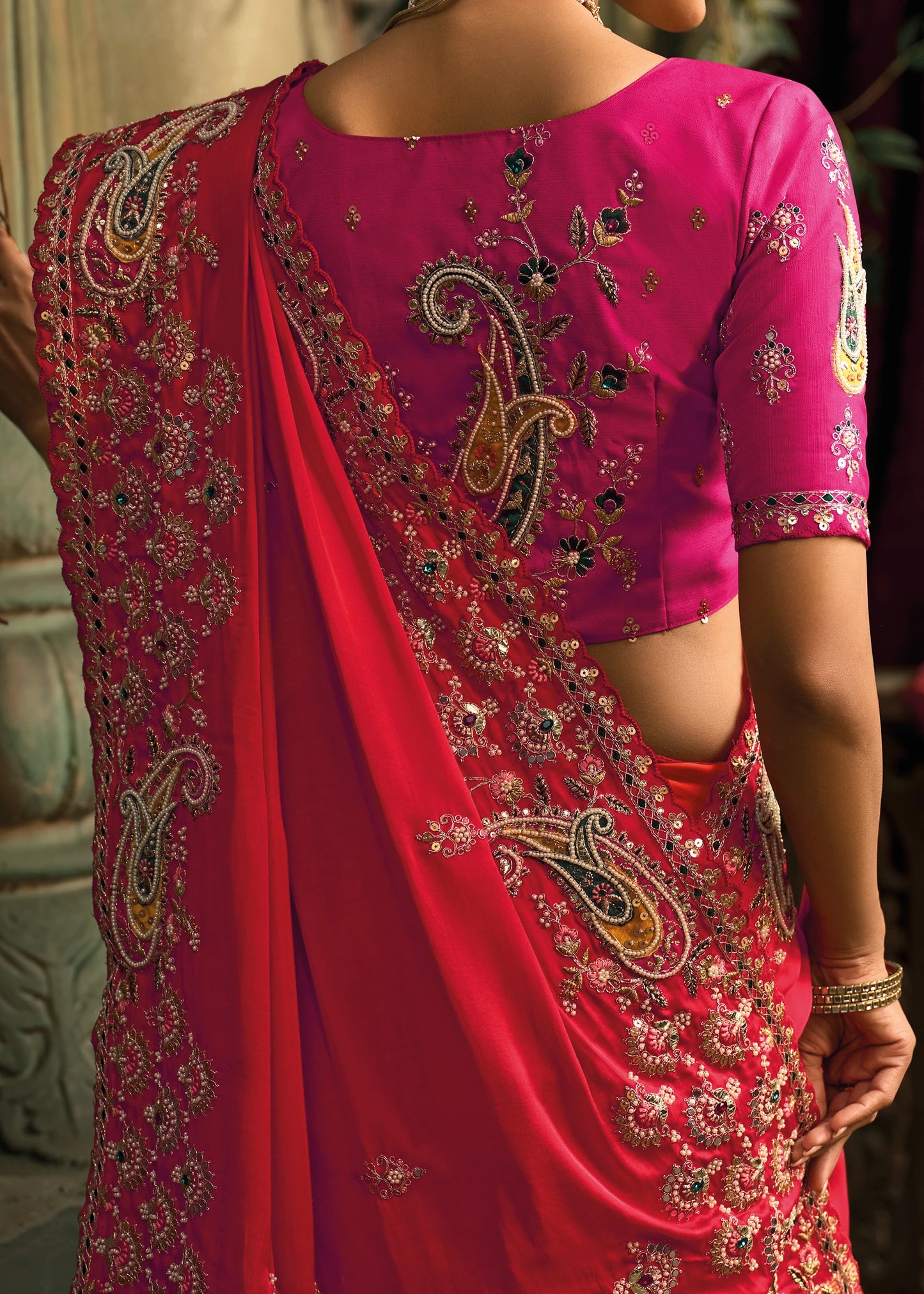 Red and Rani Pink Banarasi Gajji Silk Hand Embroidered Saree