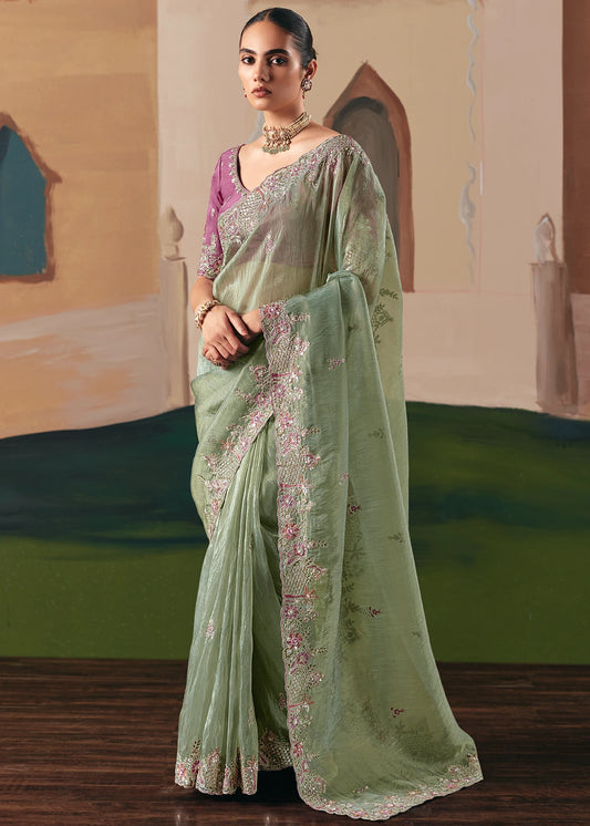 Pastel Green Organza Tissue Silk Embroidered Bridal Saree & Pink Blouse