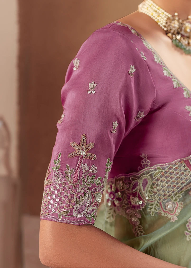 Pastel Green Organza Tissue Silk Embroidered Bridal Saree & Pink Blouse