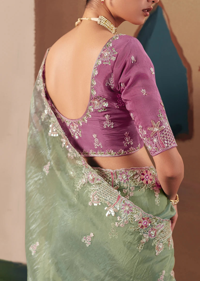 Pastel Green Organza Tissue Silk Embroidered Bridal Saree & Pink Blouse
