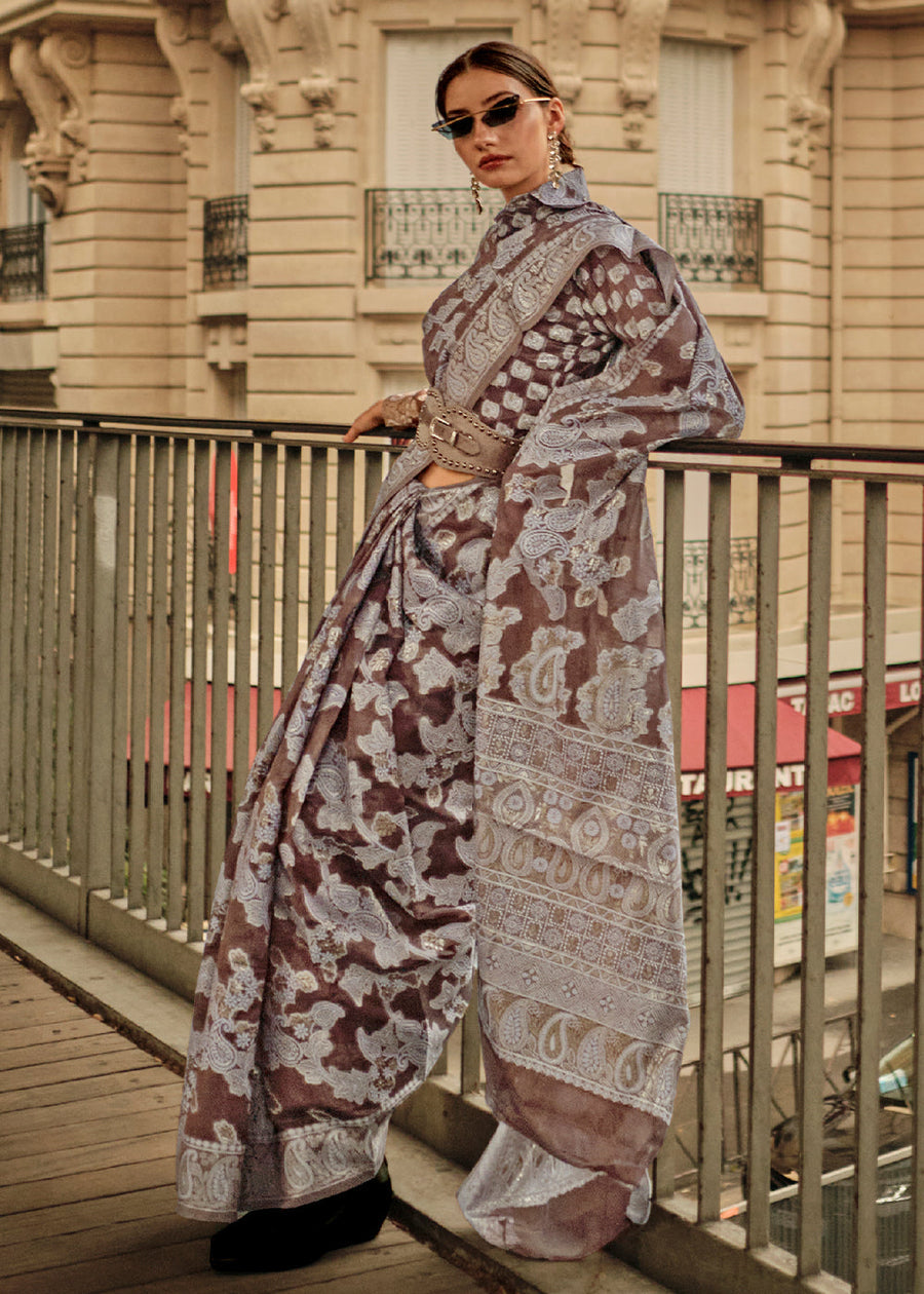 Pure Organza Chocolate Brown Lucknowi Chikankari Saree