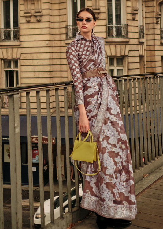 Pure Organza Chocolate Brown Lucknowi Chikankari Saree