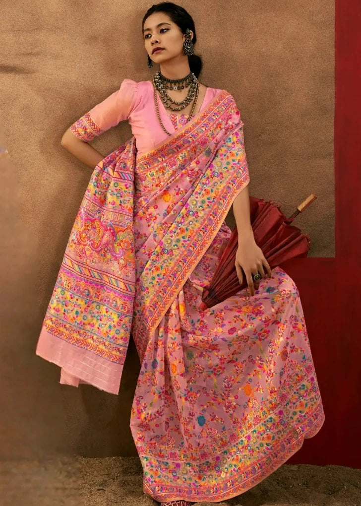 Pastel Pink Pure Handloom Kashmiri Silk Saree