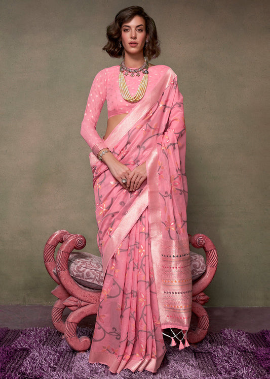 Rose Pink Banarasi Cotton Silk Zari Work Handloom Saree