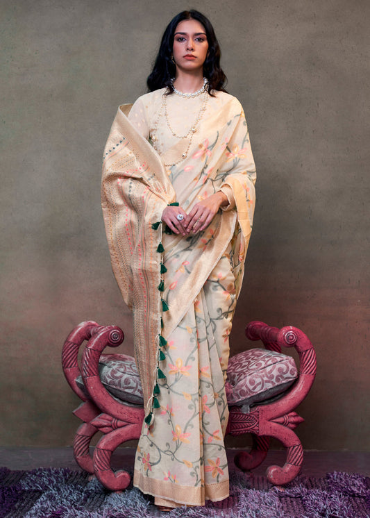 Off White Banarasi Cotton Silk Zari Work Handloom Saree