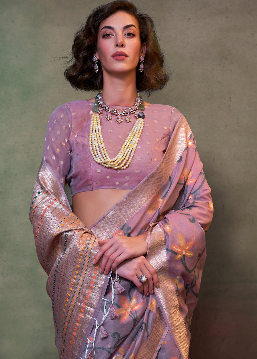 Lavender Purple Banarasi Cotton Silk Zari Work Handloom Saree