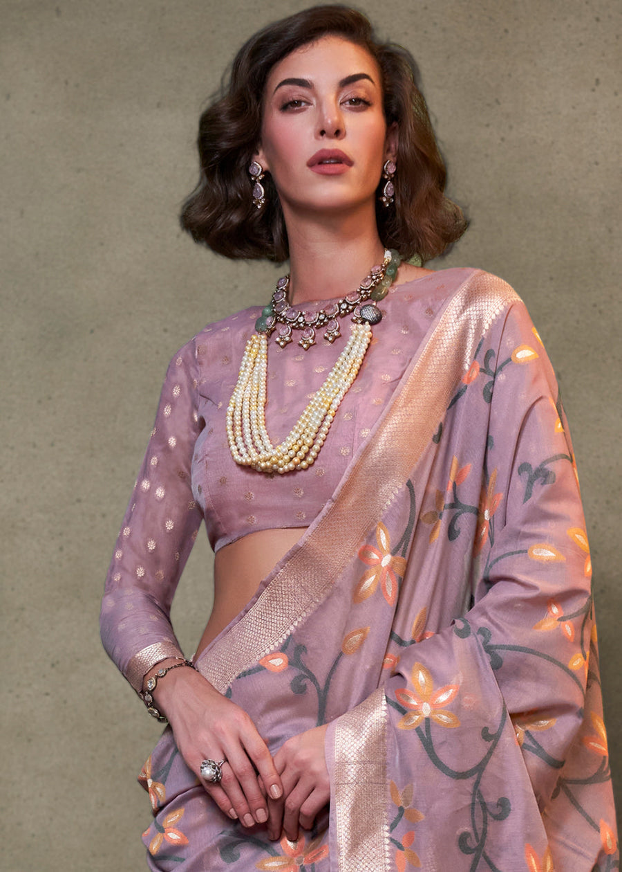 Lavender Purple Banarasi Cotton Silk Zari Work Handloom Saree