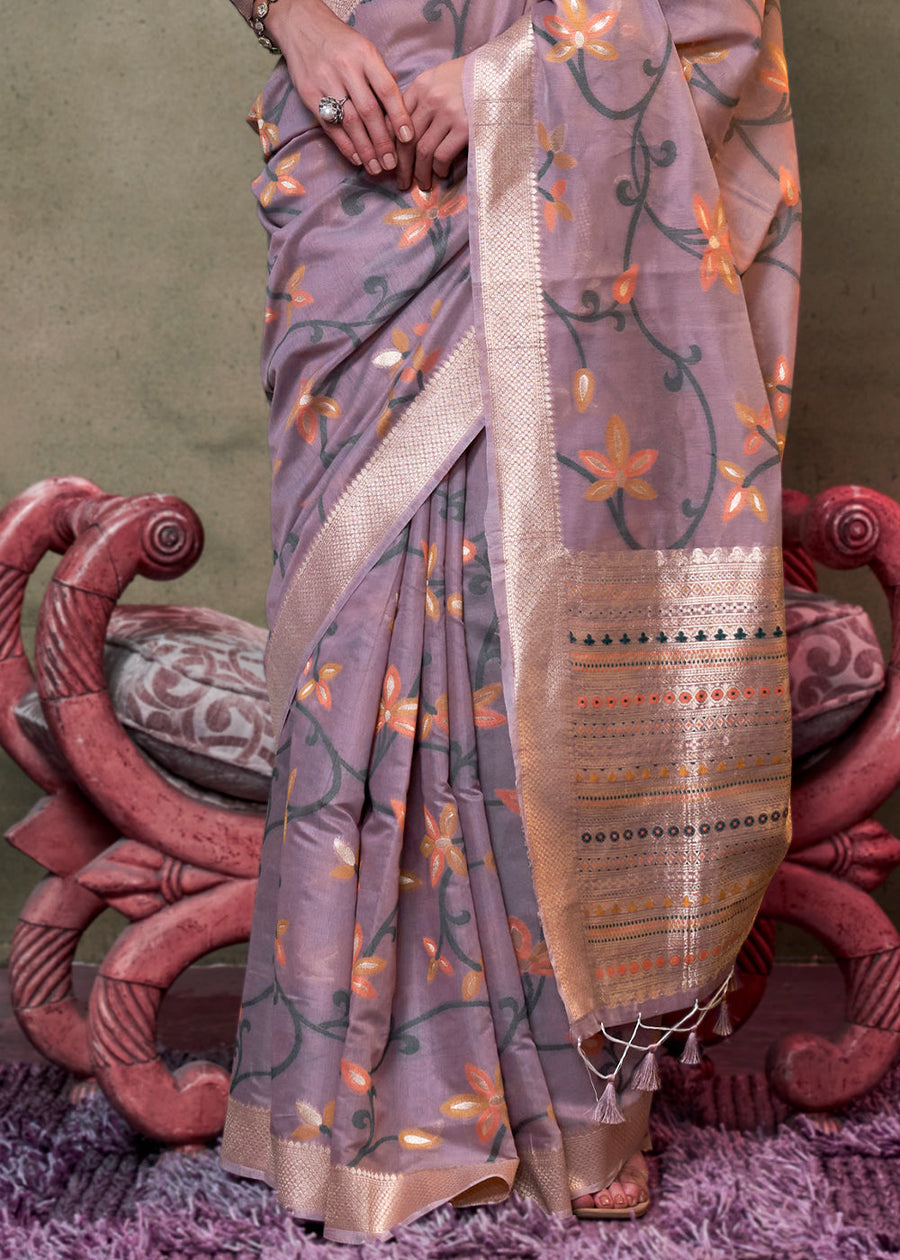 Lavender Purple Banarasi Cotton Silk Zari Work Handloom Saree