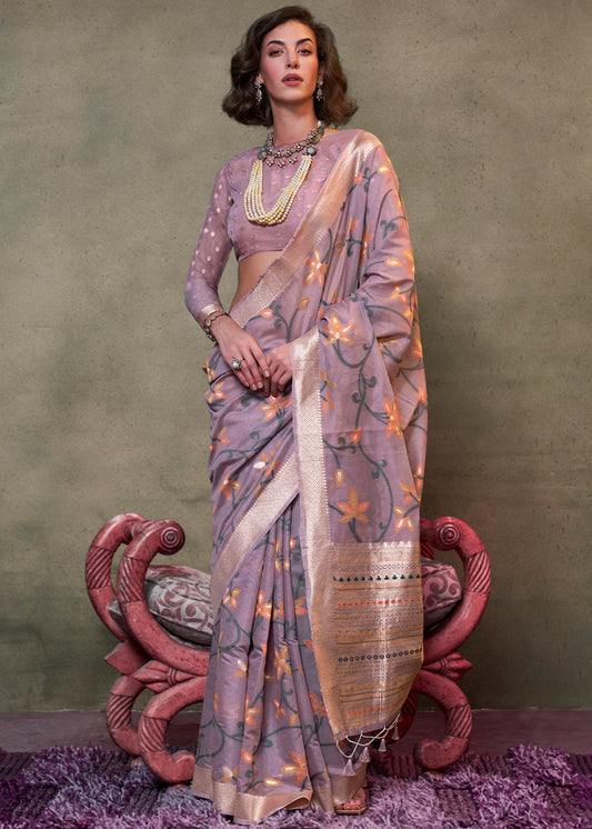 Lavender Purple Banarasi Cotton Silk Zari Work Handloom Saree