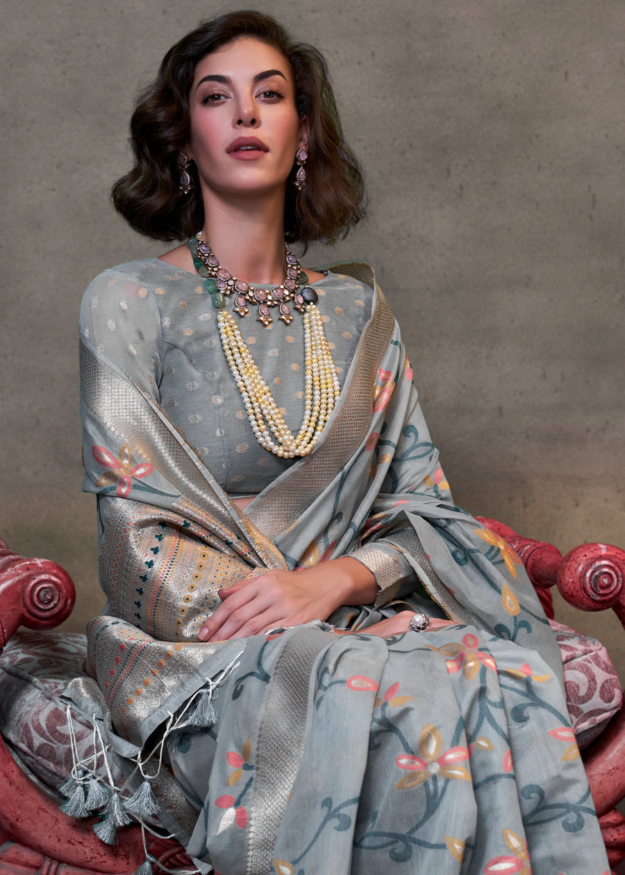 Grey Banarasi Cotton Silk Zari Work Handloom Saree