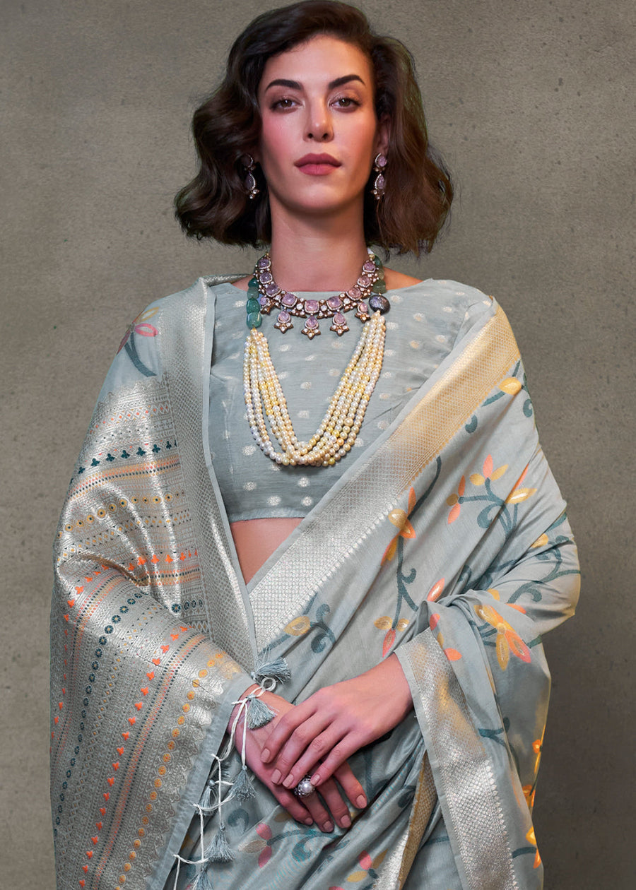 Grey Banarasi Cotton Silk Zari Work Handloom Saree