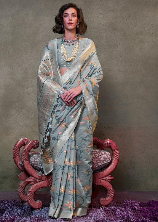 Grey Banarasi Cotton Silk Zari Work Handloom Saree