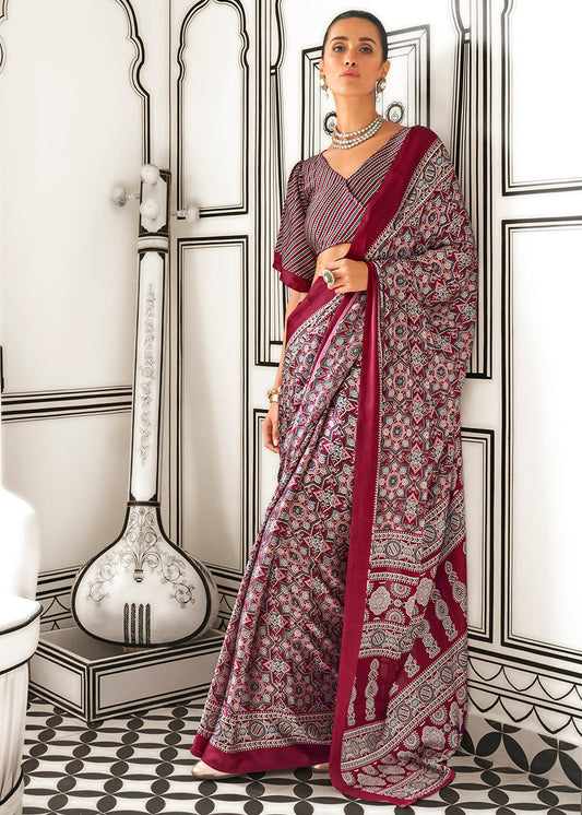 Ajrakh Handblock Print Satin Crepe Silk Maroon Red Saree