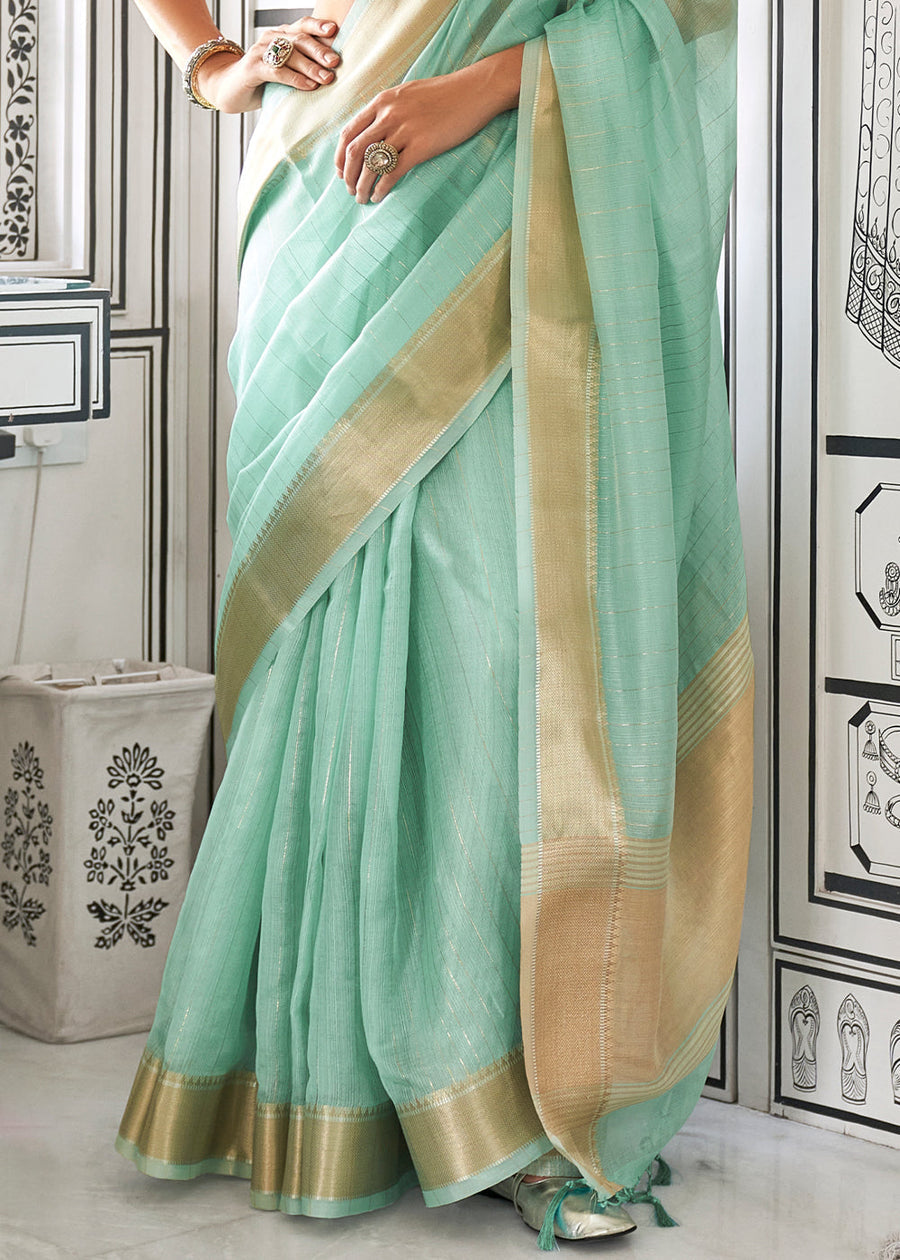 Banarasi Chiffon Aqua Blue Handloom Saree With Printed Blouse